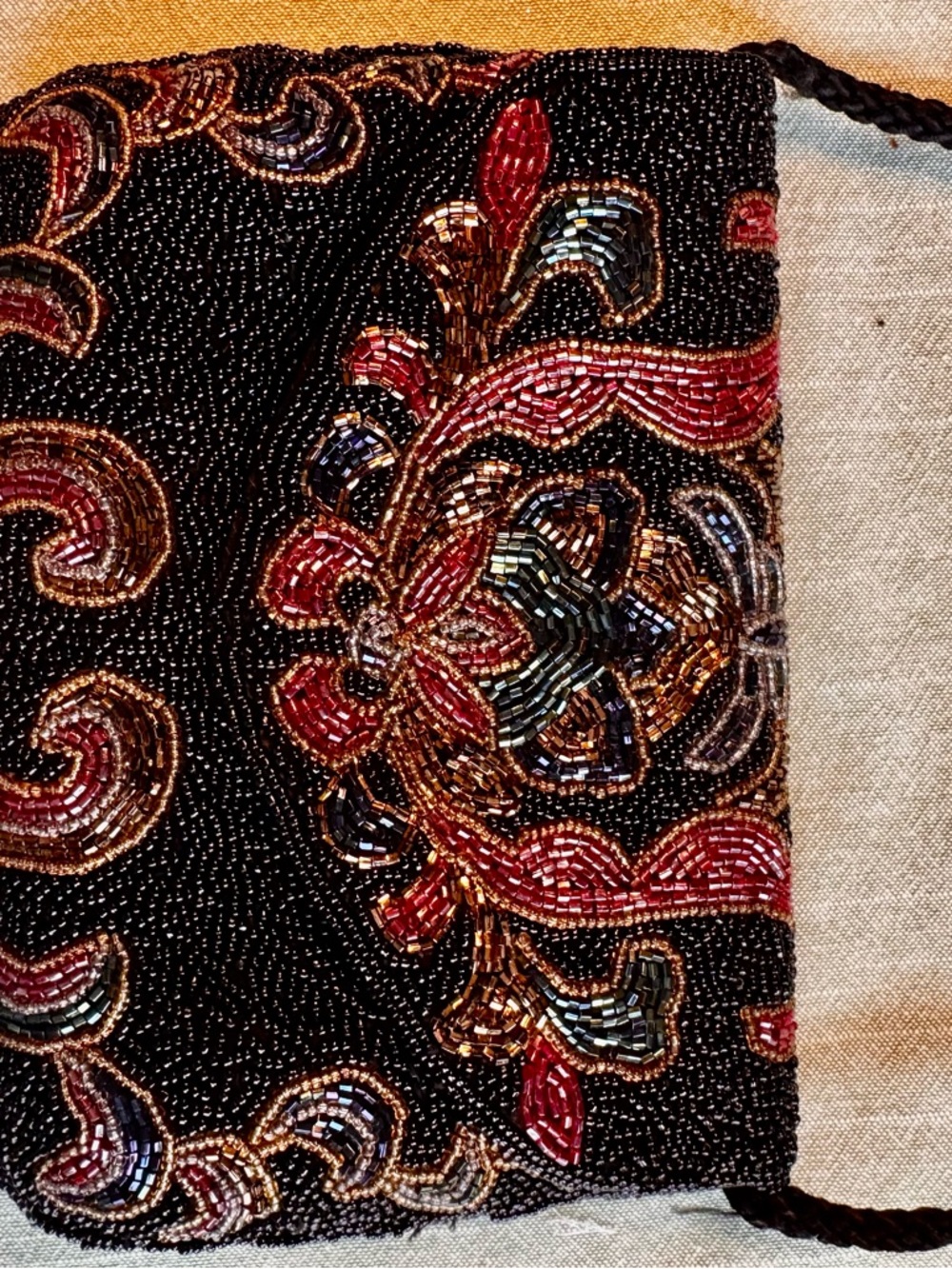 Embroidered Beaded Black Evening Clutch with Red & Gold Floral Motif